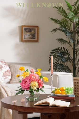 Artificial Flowers Centerpieces in Glass Vase with Fake Water, Silk Rose Peony & Daffodil Bouquet with Vase for Birthday Party Wedding Dinning Table Office Hotel Decor Gift (Yellow, Coral & Hot Pink) - color: Yellow, Coral & Hot Pink