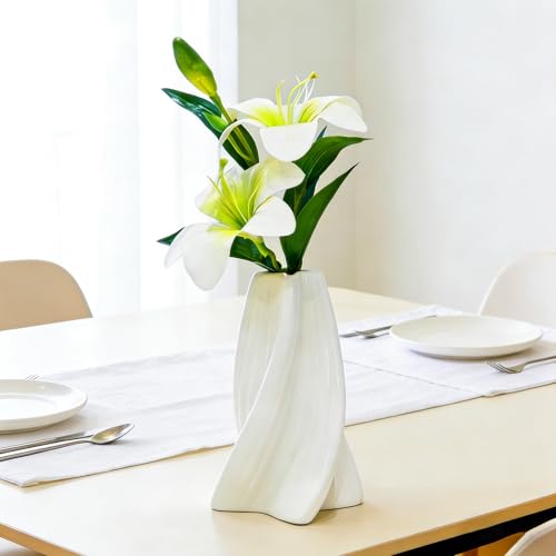 Twisted Dopamine Plastic Vase with Fake Artificial Lily Flowers，Modern Vibrant Decorative Vase for Home Living Room Coffee Dining Table Bookshelf Shelf Console Bedroom(White) - color: White
