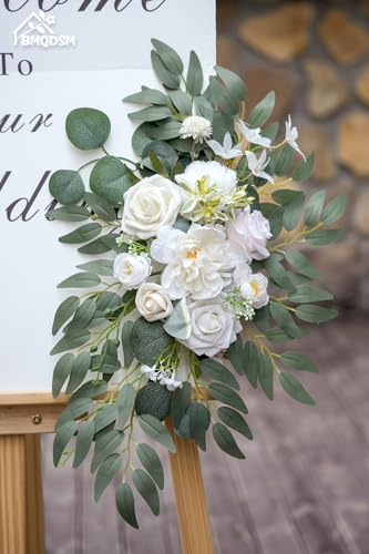 Artificial Wedding Arch Flowers Set of 2, Faux Floral Swag for Wedding Welcome Sign, Ceremony and Reception Backdrop Decoration (White) - color: White