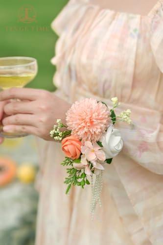 TINGE TIME Set of 2 Wrist Corsage Bracelets Pearl Wristlet Band Bridesmaid Bracelet for Wedding Ceremony Bridal Shower Wedding Artificial Flower Prom (CoralPink&Champagne) - color: Coral Pink & Champagne