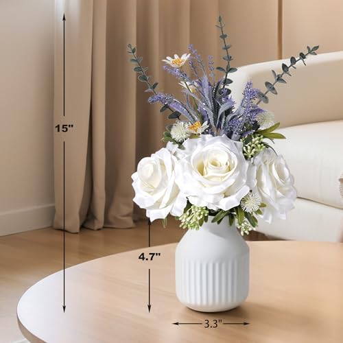 Artificial Flowers in Vase, Silk Roses Flowers Artificial Eucalyptus Lavenders Small Daisies and Fake Plants in White Ceramic Vase, Farmhouse Floral Arrangements Dining Table Centerpiece Décor - color: White