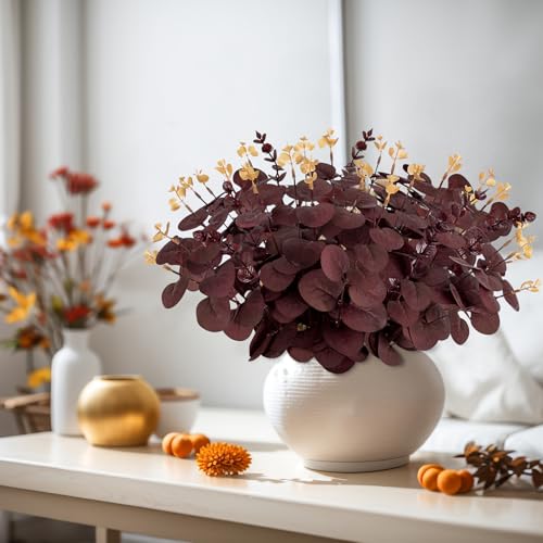 Yen Jean 20PCS Dark Wine Red Halloween Eucalyptus Stems Artificial Fake Flowers Bulk Decorations, Burgundy Branches for Indoor Table Centerpieces Party Supplies - style: Dark Red Wine