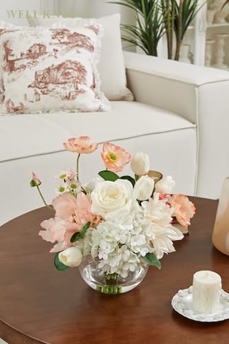 Artificial Flowers in Vase for Seasonal Decor, Mixed White Tulips & Pink Silk Fake Flowers Bouquet Arrangements in Glass Vase with Fake Water for Spring Home Office Hotel Wedding Party Table Decor - color: Mixed White