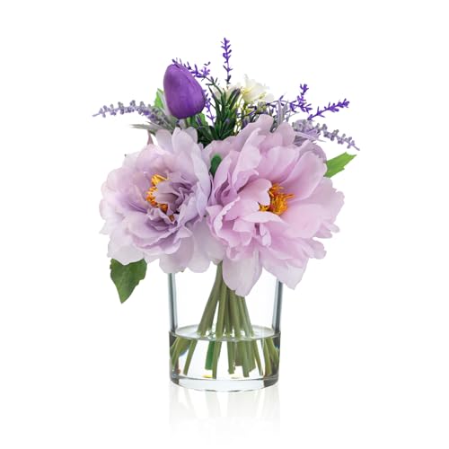 WELL KNOWN Artificial Flowers in Glass Vase with Fake Water, Silk Peony Fake Tulip Lavender Bouquet for Home Dining Table Office Hotel Wedding Party Lavatory Decor & Gift (Lavender Purple) - color: Lavender Purple