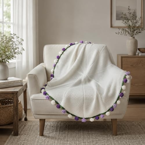 Crochet Flower Bouquet Throw Blanket, Cute Romantic Gift for Her Girlfriend Mom Mother’s Day Valentine Wedding Anniversary Birthday (Purple, 40 inches) - color: Purple, size: 40 inches