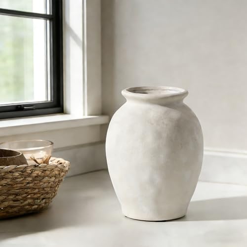 5.94" Ceramic Vase for Home Decor, Decorative Terracotta Farmhouse Rustic Vases for Living Room Kitchen Bedroom Bathroom Entryway Mantel Table, Pottery Vases for Pampas Grass Fresh Dried Flowers - color: Off-white- 5.94"