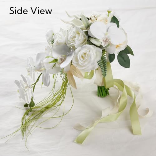 9.5 Inch White Cascade Bridal Bouquet for Bride with Artificial Rose Phalaenopsis Flower and Pearls Cascading Bridal Bride Wedding Bouquet Flower Wedding White and Champagne - color: White & Champagne