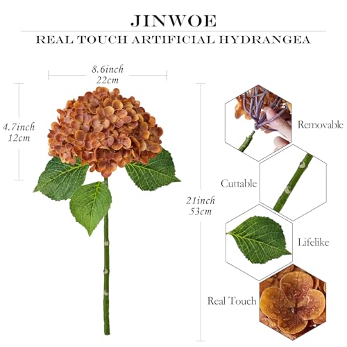 JINWOE Fall Hydrangea Artificial Flowers, 3Pcs 21" Raw Umber Brown Latex Real Touch Flowers, Faux Silk Flowers Fake Artificial Hydrangeas with Stems for Bouquet Table Centerpieces Halloween - color: Brown, size: 3pcs