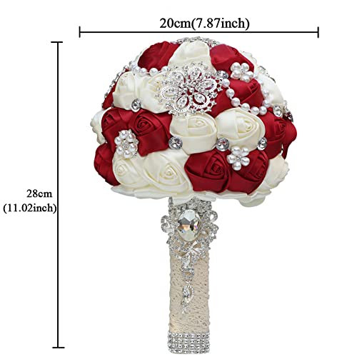 Sharebeauty 7.9 Inch Handmade Satin Rose Bridal Bouquet Toss Round Wedding Bouquet Throw Toss Artificial Flower Bunch Navy Blue + Orange + Ivory - color: W3217d13 Navy Blue/Orange/Ivory