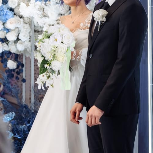 White Wedding Bouquets for Bride,10 Inch Fake Cascading Bridal Bouquet Silk Faux Flowers for Ceremony Anniversary Wedding Bridal Shower(White & Ivory) - color: White & Ivory