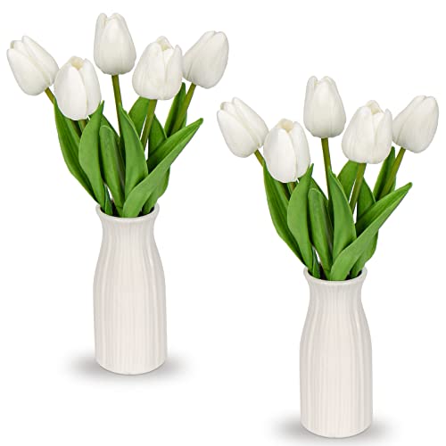 Briful 2 Packs Faux Flowers Artificial Tulips with Ceramic Vase, Poly Foam White Tulips Real Touch Flower Arrangement for Home Kitchen Wedding Centerpiece Decoration - color: White