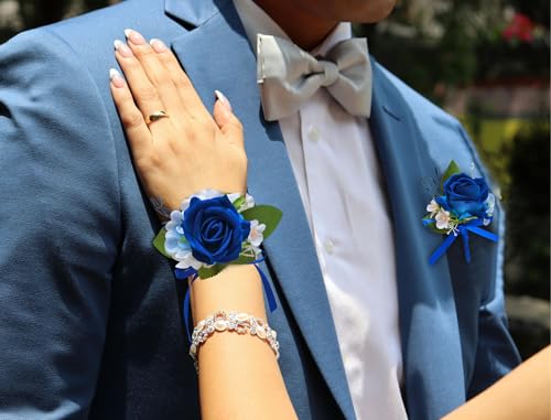CherishedMoments Corsage and Boutonniere Set, Navy Blue Rose Handmade Artificial Flower Wrist Corsage and Groom Boutonniere for Men Wedding, Bridesmaid Hand Flower for Wedding,Prom Suit Decorations - color: Navy Blue