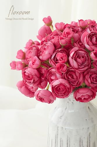 Floroom Ranunculus Artificial Flowers 18 Pcs Fuchsia Faux Silk Mini Ranunculus Bulk Fake Wedding Filler Flowers for DIY Hot Pink Bouquets, Centerpieces, Bridal Shower Decorations & Arrangements - color: Fuchsia