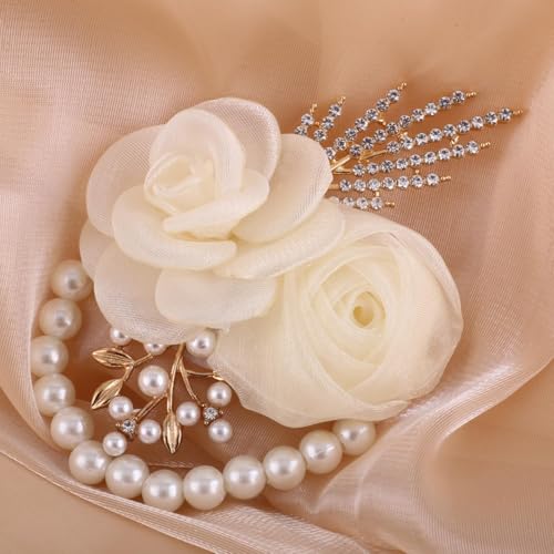 Bridal Wrist Corsage with White Roses, Pearl Beads and Crystal Accents, 2-Pack for Wedding Bride,Bridemaids,Party