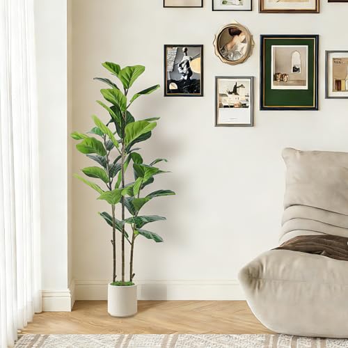 Alupssuc 5FT Artificial Fiddle Leaf Fig Tree with White Planter Pot, 5 feet Tall Fake Tree for Home Decor, Faux Ficus Tree Fake Moss for Indoor Outdoor Office Living Room - size: 5ft