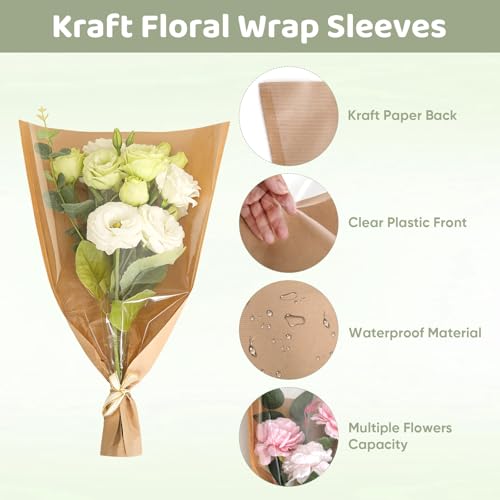 Wzifyf 20 Pack Flower Bags for Bouquets Flower Bouquet Holders Kraft Floral Wrapping Paper Flower Sleeves Build Your Own Bouquet Bar with 72 Ft Ribbons for Valentine's Day Packaging Supplies - color: Kraft, size: bouquet wrap