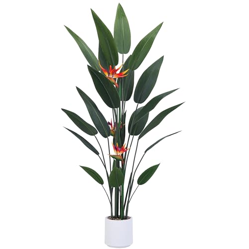 Jocoevol Artificial Bird of Paradise Plant 60in(5Ft) Tall Fake Banana Leaf Plant for Indoors and Outdoors, Artificial Flowers, Faux Palm Tree with Plastic Pot for Office and Home Decor - size: 5FT