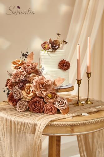 Serwalin Artificial Fall Flowers, Brown & Terracotta Silk Flowers with Stems, Fake Roses Flowers for Wedding Bouquets Bridal Baby Shower Party Craft Home Cake Decoration - color: A Brown Terracotta, size: 1 Box