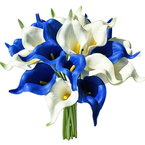 Mandy's 20pcs Blue and White Calla Lily Artificial Flowers | 13.5 Inch PU Realistic Bouquet for Vase Elegant Home Decor Centerpiece Wedding Bridal Bouquet Table Decoration - color: Blue and White