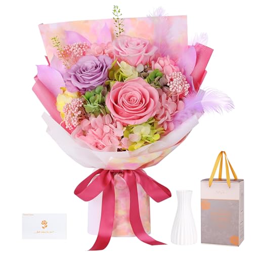 Preserved Flowers Bouquet 3 Roses - Pink Real Rose & Flowers for Delivery, Eternal Roses Bouquet with Gift Box, Anniversary Birthday Valentine Gifts for Women Mom Grandma Her Wife Girlfriend - color: Pink