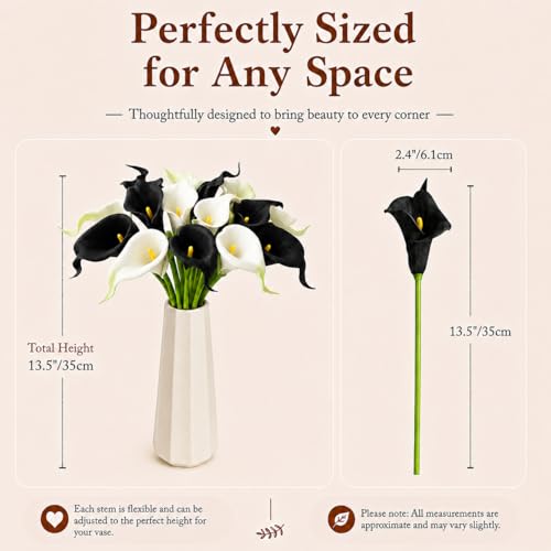 Mandy's 20pcs Black and White Calla Lily Artificial Flowers | 13.5 Inch PU Realistic Bouquet for Vase Elegant Home Decor Centerpiece Wedding Bridal Bouquet Table Decoration - color: Black and White