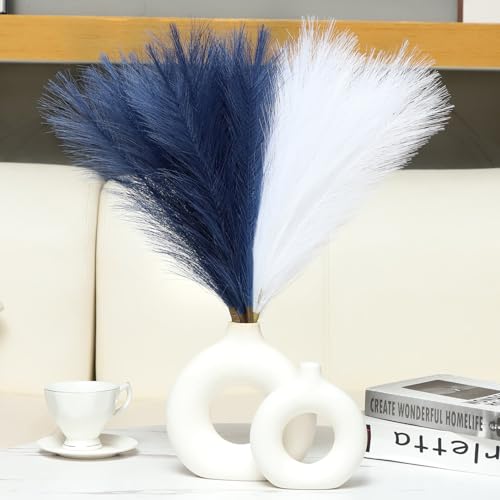 Ureymx Faux Pampas Grass Decor 17.7 Inch 6pcs, Artificial Pompas Grass Bulk Artificial Dried Flower Small Vase Filler for Boho Home Wedding Decoration (Blue/White) - color: Blue/White, size: 17 Inch 6 Pcs