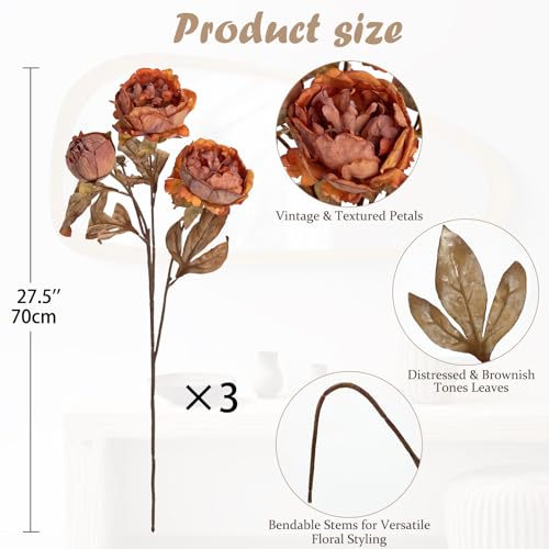Briful Artificial Dried Look Fall Peony Flowers 3PCS 27.5in Tall Burnt Orange Vintage Silk Peony Bouquet Realistic Fake Peonies Floral Stems for Autumn Home Wedding Vase Centerpiece Arrangement Decor - color: Burnt Orange
