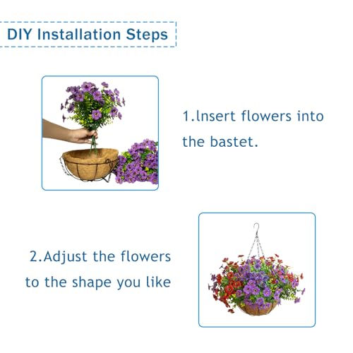Artificial Hanging Flowers for Outdoors with Basket,UV Resistant Realistic Fake Hanging Flowers Faux Hanging Plants Outdoor for Yard Porch Patio Garden Home Decoration,12 Bundles(6,Red,Purple) - color: Purple+red