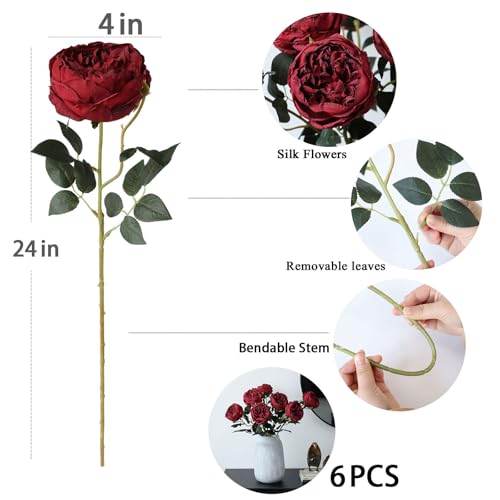 mizii 6Pcs Burnt Burgundy Artificial Roses Flowers Fake Silk Roses Flower with Long Stem for Wedding Decorations Table Centerpieces Flower Arrangement Home Decor (Burnt Burgundy) - color: Burnt Burgundy