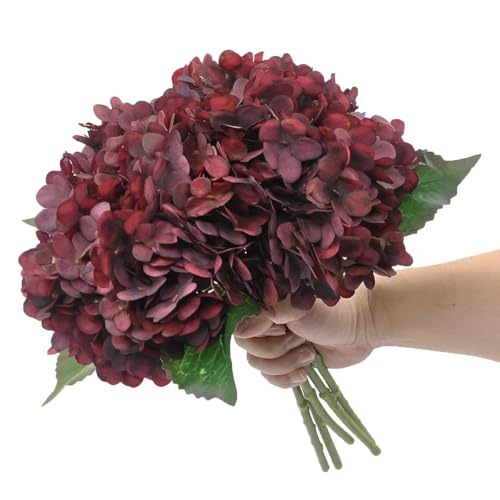 6PCS Artificial Fake Flowers Plants Silk Hydrangea 1 Flower Head Arrangements Wedding Bouquets Decorations Plastic Floral Table Centerpieces Home Kitchen Garden (Dark Red) - color: Dark Red