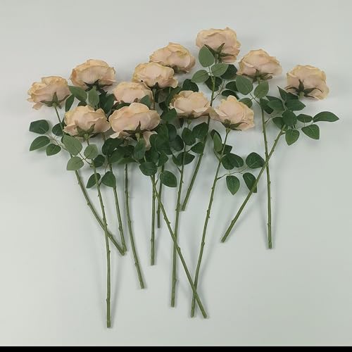 ATFL Fake Roses Artificial Flowers Bulk,Floral Diameter 4'',20 Pcs Artificial Silk Roses Flowers with Stems for Wedding Arrangement Centerpieces Party Home Table Decorations (20, Fall Champagne) - color: Fall Champagne