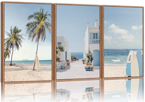 Rantodecor Beach Themed Framed Canvas Wall Art, Palm Tree Surfboard Van Wall Decor, Nordic Blue and White House Art Painting, Modern Relaxing Seascape Artwork for Bedroom Living Room Office 24"x36"x3 - color: Beach Themed, size: 36"x24"