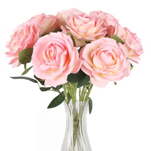8PCS Artificial Flowers Velvet Roses Big Head Faux Rose Flowers with Long Steam for DIY Wedding Party Decoration(Light Pink) - color: Light Pink