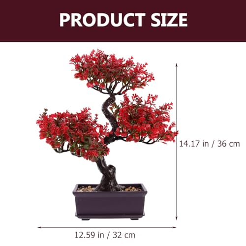 Cabilock Artificial Bonsai Tree Decor, 14.17 Inch Small Fake Plant in Pot, Faux Potted Bonsai Tree for Home Office Desk, Men Living Room Shelf, Bathroom, Bedroom and Zen Japanese Room Decor - color: Red