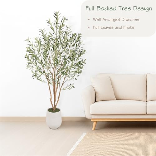 Bellacat 6ft Super Fuller Faux Olive Tree with White Decorative Planter & Multiple Real Wood Trunks, 72in Olive Trees Artificial Indoor with Realistic Fruit, Fake Olive Tree for Indoor Décor - style: 6ft Olive Tree