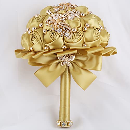A Bunch Golden Bridal Wedding Bouquet Satin Rose Bouquet with Ribbon Diamond W306-20 Light Golden - color: Light Golden