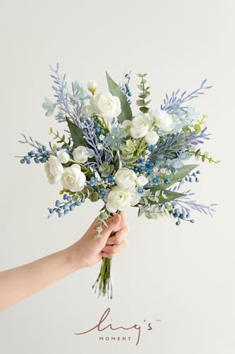 Ling's moment Artificial Greenery Stems Box Set, 55pcs with 8 Kinds of Faux Greenery Picks for DIY Bridal Bouquets Wedding Floral Arrangement Table Centerpieces, Navy & Cream - color: Blu-navy & Cream