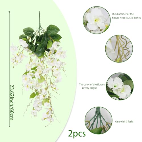 2 Pcs Fake Hibiscus Flowers Artificial Hanging Flowers Plants for Outdoors Realistic UV Resistant Spring Summer Decor White Silk Faux Flowers Trailing Vines for Front Door Porch Outside - color: White
