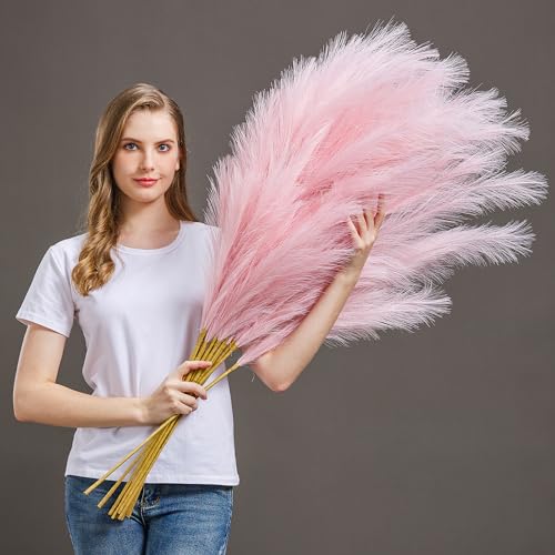 7 Pcs 45" Faux Pampas Grass – Fluffy Artificial Pompous Grass for Tall Floor Vase, Non-Shedding Home Decor, Boho Wedding Flowers, Baby Shower Centerpieces, Bedroom & Living Room Decor (Pink) - color: Pink