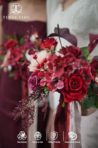 TINGE TIME Artificial 9 Inch Bridal Bouquet, Terracotta Flower Bouquet with Roses for Bride, Bridal Tossing Bouquet for Wedding Ceremony Anniversary Bridal Showers Church Decoration - color: Burgundy & Pink