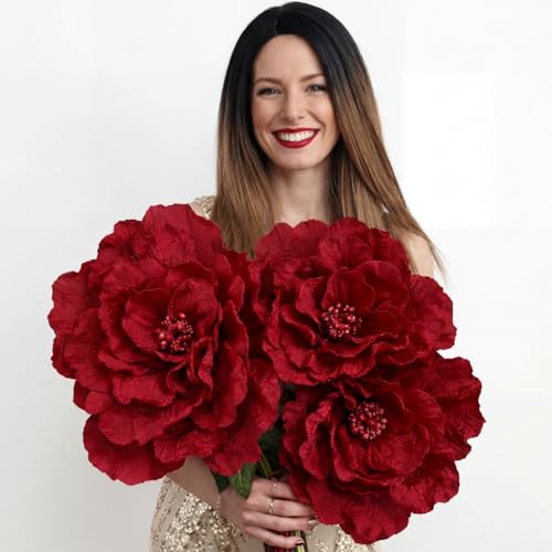 Norme 3 Pcs Artificial Giant Flowers for Decoration 12, 16, 20 Inch Wedding Large Rose Petals Giant Flowers Large Burgundy Red Rose for Home Decor, Anniversary Birthday Valentine's Day - color: Rose, style: Burgundy
