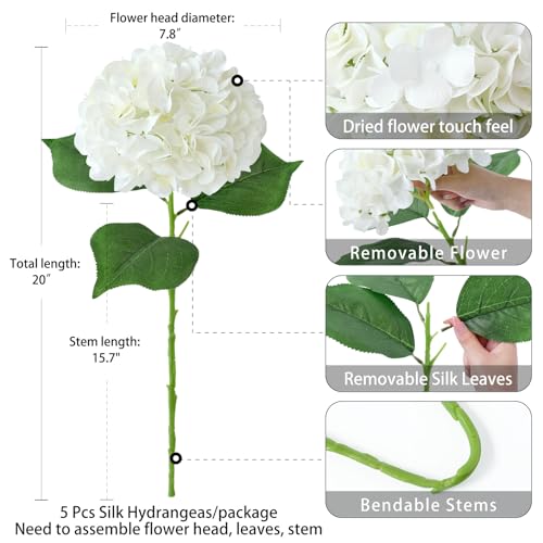 ZYTUYO 5 Pcs White Silk Hydrangeas Aritificial Flower Boho 20'' Faux Dried Touch Hydrangeas for Spring Indoor Home Decor Kitchen Living Room Porch Outdoor Wedding Flower Arrangement - color: White