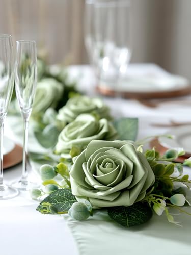 InnoGear Artificial Flowers, 50 Pcs Elf Green Rose Foam Fake Roses Bulk with Stems for Spring St. Patrick's Decoration DIY Wedding Bouquets Centerpieces Bridal Shower Party Christmas Tree - color: Elf Green