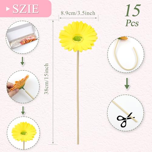 15 Pcs 15 Inch Yellow Artificial Gerbera Daisy Flowers - Fake Mums Daisies Bouquet for Wedding Decor, Party Decorations, Home Kitchen Decorations - color: Yellow - Gerbera
