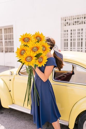 DILATATA 3 Pack Artificial Sunflower Stems with Luxury Beaded Center, 26” Large Fake Sunflowers with Real Touch Leaves, Silk Sunflower Flowers for Vase, Fall Farmhouse Home Table Wedding Decoration - color: 8" Beaded