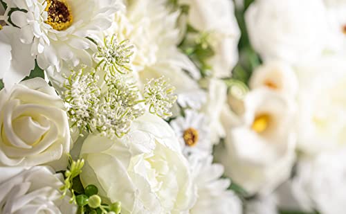 Lisuun Artificial Wedding Arch Flowers with Chiffon Runner, Pack of 3 | Includes 2 Flower Swags, 1 20ft Chiffon Runner and Zip Ties for Wedding Arches, Arbors and Backdrops - color: Pure White & Ivory White