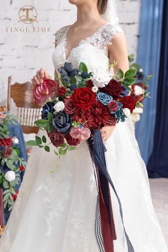 TINGE TIME 11 inch Wedding Bouquets for Bride, Burgendy Navy Artificial Flowers Bridal Bouquet, Brides & Bridesmaids Bouquet for Wedding Anniversary Ceremony Bridal Shower Decorations - color: Red&navyblue