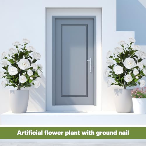 Lunmon 2 Pack 3ft Artificial Camellia Plants Tree 36" Faux Camellia Flower with Spike UV Resistant Realistic Fake Floral Blooming Bush for Indoor Outdoor Front Door Porch Backyard Garden, White - color: White, size: 3 ft