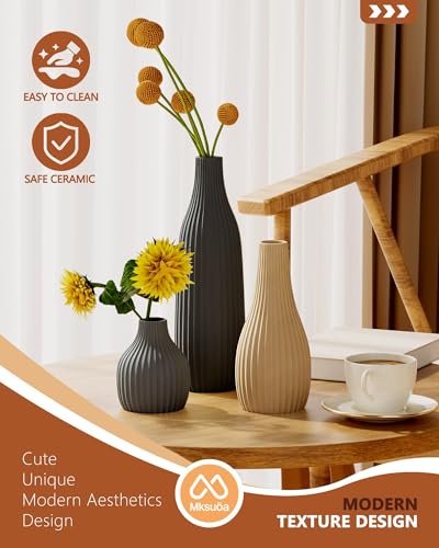 Decorative Flower Vase Set of 3 - Modern Boho Style Multicolor Vases, Ribbed Textures Ceramic Vase for Home Decor Shelf Bookshelf Mantle TV Stand Entryway Console, Dining Table Centerpiece Decor - color: Multicolor
