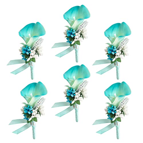 Ciandid Calla Lily Boutonnieres Set of 6, Groom Groomsman Best Man Boutonniere, Handmade Silk Flower for Wedding Ceremony Anniversary (Calla Lily-Blue, 6pcs) - color: Turquoise